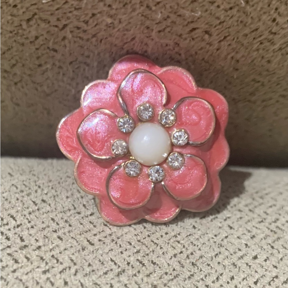 Pink Enamel Flower Ring with Crystal Accents